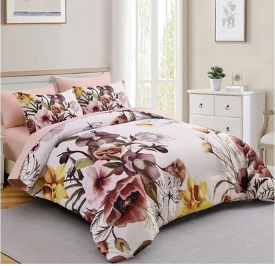 Conjunto de edredom e lençóis florais TAMANHO COMPLETO 7 PEÇAS, blush floral, microfibra macia, NOVO - Imagem 1 de 4