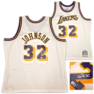 Lakers Magic Johnson Auto Cream Mitchell & Ness 1984 Swingman Jersey XXL Beckett - Image 1 of 4