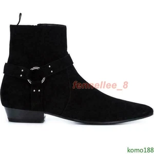 British Mens Suede High Top Flats Shoes Black Pointed Toe Chelsea Ankle Boots - Picture 1 of 13