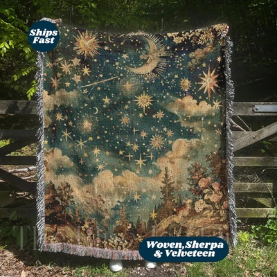 Crescent Moon Stars Woodland Scene Woven Blanket Mystical Fairytale Forestcore - Image 1 of 4