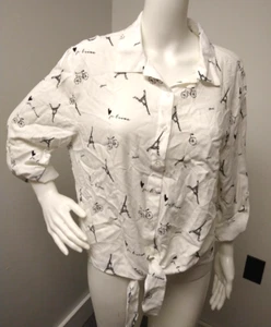 Grand & Greene Top Womens XL White button front PARIS Travel Tie front 3/4 Slv - Picture 1 of 10