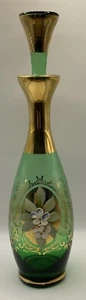 Vintage Green & Gold Glass Decanter & Bohemian Czech Hand Painted - Picture 1 of 3