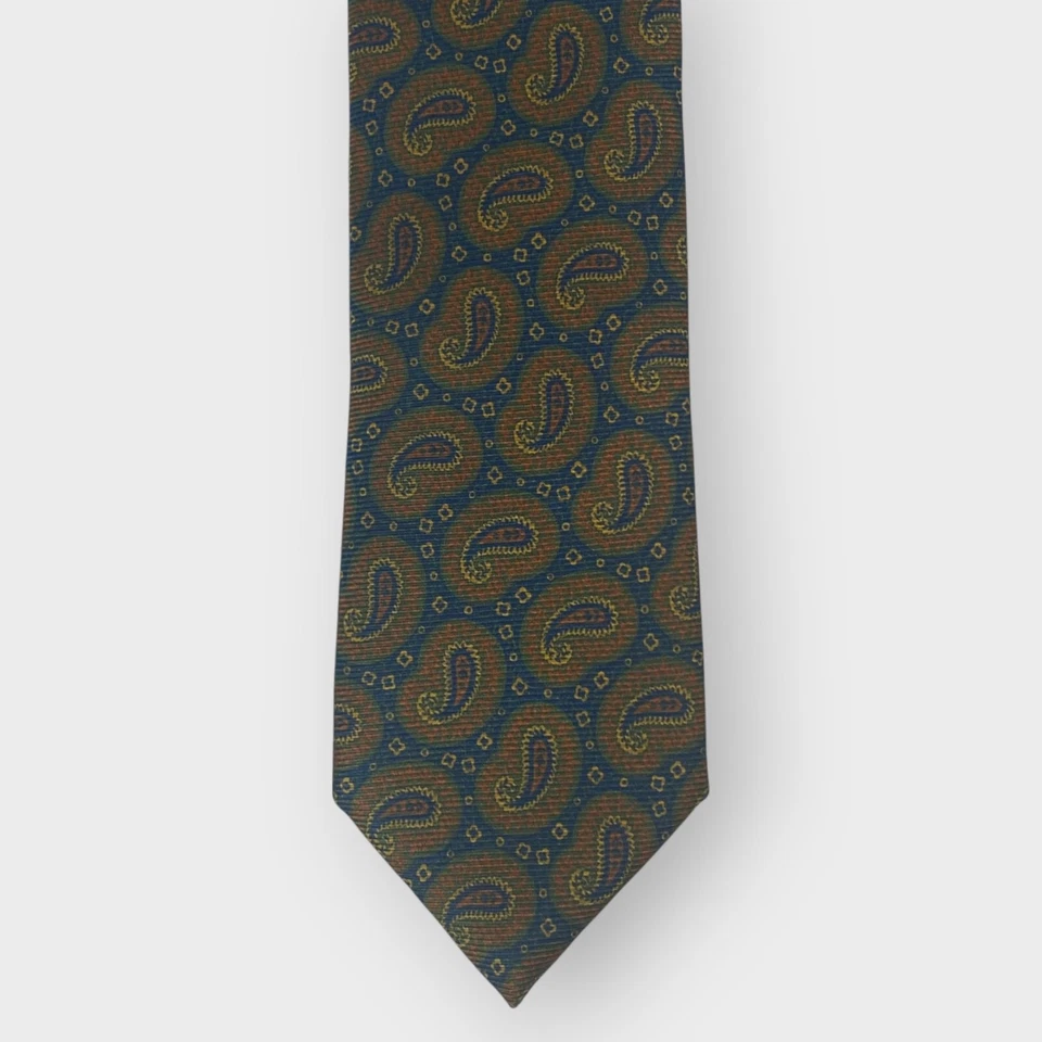 Corbata Isaia Napoli 7 pliegues | Marrón Azul Paisley | Larga | 100 % seda | Italia Foto 1 de 4