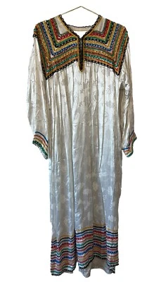 Maxi Vestido Bohemio De Colección Hecho a Mano Bordado Manga Larga Blanco Seda Kaftan Mumu Foto 1 de 4