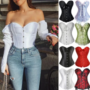 Women Overbust Lace Up Boned Bustier Corset Top Waist Cincher Burlesque Lingerie - Picture 1 of 35