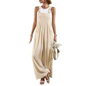 Miss Sparkling Wide Leg Jumpsuit Small Beige Linen Blend BOHO Wide Leg Flowy - Picture 1 of 13