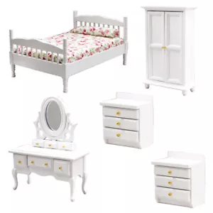5PCS Dolls House Miniatures 1:12 Scale Bed Dresser Cabinet Wardrobe Furniture - Picture 1 of 9