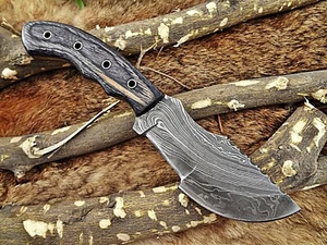 Cuchillo rastreador largo de 10", hoja de acero Damasco, escala de madera de dólar, funda de cuero - Imagen 1 de 9