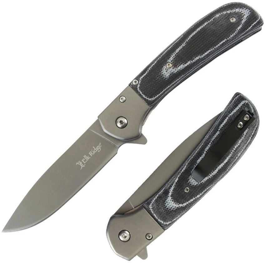 Elk Ridge 辅助折叠刀 3.5 英寸灰色 3Cr13MoV 钢制刀片 Micarta 手柄 — 第 1/3 张图片