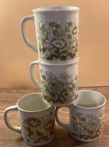 Set Of 4 Vintage Brown Blue & White Embossed Flowers Coffee/Tea Mugs Japan - Picture 1 of 6