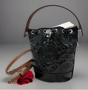 AUTH NWT Tory Burch Mini T-Monogram Embossed Puffy Patent Leather Bucket-Black - Picture 1 of 11