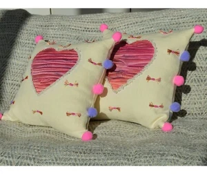 Fabric17 Linen & Silk Throw Pillow Cover 16x16", 100% Linen, Quilted Silk Heart - Picture 1 of 4