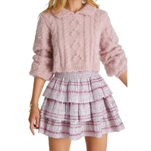 Love Shack Fancy Brynlee metallic tiered mini skirt Caribbean pink ruffles - Picture 1 of 7