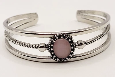 Pulsera estilo simple elegante brazalete metalistería tono plata abierto piedra vidrio rosa Foto 1 de 4