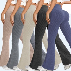 Women's Ribbed Seamless Flare Leggings Tummy Control Bootcut Casual Yoga Pants - Picture 1 of 28
