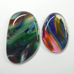 2 Swirled Glass Cabochons Colorful Rainbow Green Pink - Picture 1 of 7