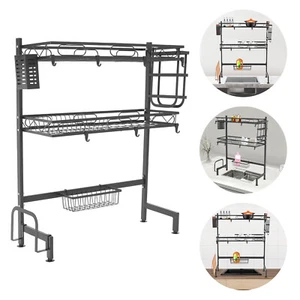 Multifunction Dish Drying Rack Modern 2 Layer Sink Storage Rack Full Set Black - Picture 1 of 15