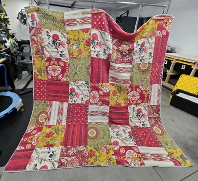 Edredón Pottery Barn Natasha Patchwork Completo/Doble Rojo Floral Ikat Foto 1 de 4