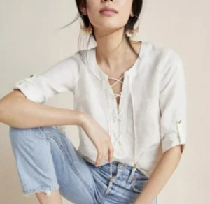 Anthropologie Maeve Marva Cream/Ivory Linen Lace Up Popover Blouse Size 10 - Picture 1 of 12