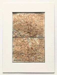 LEEDS & BRADFORD 1910 ANTIQUE CITY PLAN Colour Map - Mounted For Framing - Picture 1 of 1