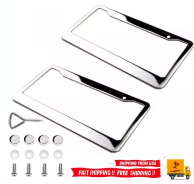 ☆2PCS Chrome 304 Stainless Steel Metal License Plate Frame Tag Cover Screw Caps☆ - Image 1 of 4