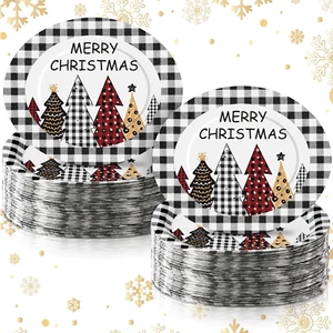 100 Pcs Christmas Paper Plates Buffalo Plaid Christmas Trees Disposable Oval Pla - Picture 1 of 6