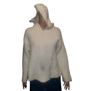 Aran Crafts Ireland Size L Handmade Fisherman Zip Up Hooded Ivory Sweater Cardi - Picture 1 of 13