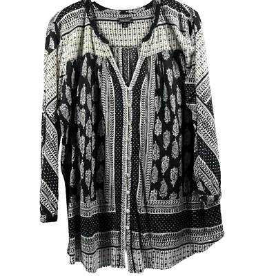 Top para mujer Lucky Brand 1X Plus mezcla de lino negro blanco manga 3/4 abotonada Foto 1 de 4