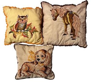 Vintage Embroidered Throw Pillows Fringe Dog Horse Owl 16” Lot Of 3