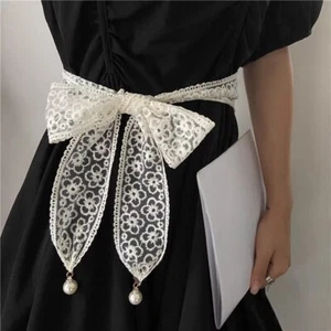 Beaded Lace Belt Faux Pearl Pendant Ribbon Waist Chain Floral Waistband 5cm - Picture 1 of 14