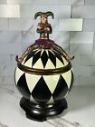 Mardi Gras Jar With Lid Blk And White Diamond Pattern With Jester Sitting Resin