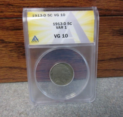 1913-D Variety 1 Indian Head or Buffalo Nickel ANACS : VG10 : TYPE ONE - Image 1 of 4