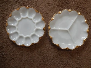 Anchor hocking fire king milk glass devil egg & Tri Plate platter dish gold trim - Picture 1 of 16