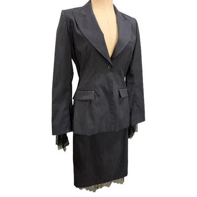 Size 38 Marcel Marongiu Skirt Suit Jacket Pinstripe Lace Trim France Foto 1 de 4
