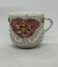 Vintage German Lusterware Pink & Gold Teacup with Raised Flowers