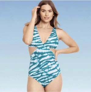 Women's Slimming Control Cut Out One Piece Teal Tie-Dye Swimsuit Size Medium - Picture 1 of 3