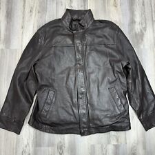 Men's Merona Brown Leather Jacket Coat Mock Neck Lined Zip Snap Buttons Sz XL
