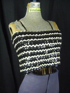 TOPPETTES by A.BROD Vtg 80s Black White Sequin Tube Top-Bust 30 to 34/ XS - Picture 1 of 7
