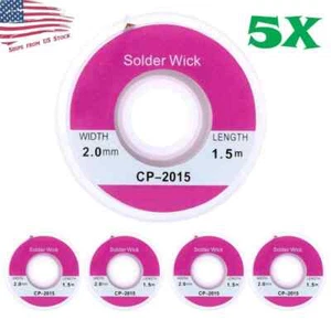 5 Rolls 2mm x 5ft Desoldering Braid Wick Solder Remover w/ No Residue Rosin Flux - Picture 1 of 4