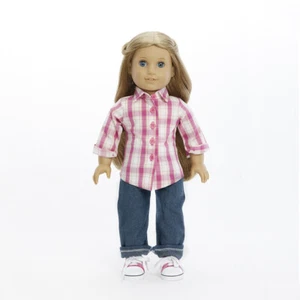 MangoPeaches Button Shirt & Dark blue Jeans sneakers Fit 18" American Girl Dolls - Picture 1 of 3