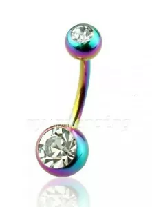 14 g 3/8 Zoll Doppel Edelstein Regenbogen IP Chirurgenstahl Bauchnabelring - Bild 1 von 2