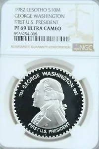 1982 LESOTHO SILVER 10 MALOTI FIRST U.S. PRESIDENT NGC PF 69 ULTRA CAMEO TOP POP - Picture 1 of 4