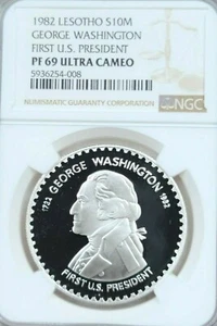 1982 LESOTHO SILVER 10 MALOTI FIRST U.S. PRESIDENT NGC PF 69 ULTRA CAMEO TOP POP - Picture 1 of 4