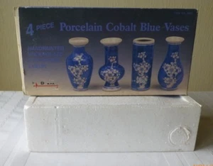 Vintage Porcelain Cobalt Blue Hand Painted Vases Underglaze 4 Piece - Picture 1 of 7