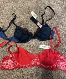 NWT 2 Adore Me Lingerie Unlined Underwired Demi Bra Bundle Blue Red 32A 32B - Picture 1 of 3