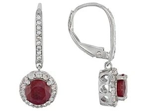Simulated Red INDIAN RUBY Rhodium Over Sterling Silver 925 Earrings - Picture 1 of 3