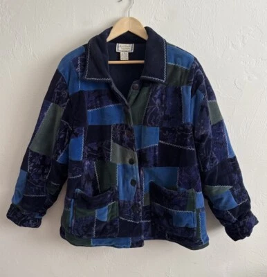 Vintage April Cornell Blue Green Velour Patchwork Button Up Quilted Coat Size M - Image 1 of 4