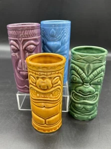 4-pc Accoutrements Tiki Mug 2001 Hawaiian Ceramic Purple, Blue, Green, Gold - Picture 1 of 8