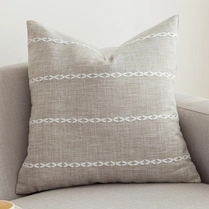 Rustic Striped Cotton Linen Decorative Throw Pillow Cover Embroidery Square C... - Picture 1 of 6