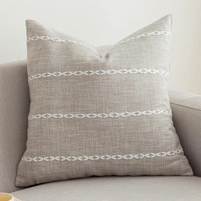 Rustic Striped Cotton Linen Decorative Throw Pillow Cover Embroidery Square C... - Image 1 of 4